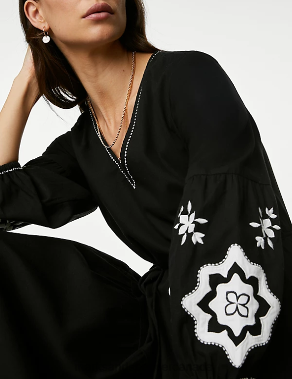 Women Black Clothing Marks & Spencer Pure Cotton Embroidered Midaxi Smock Dress 20VTD293 - Marks and Spencer Canada locations