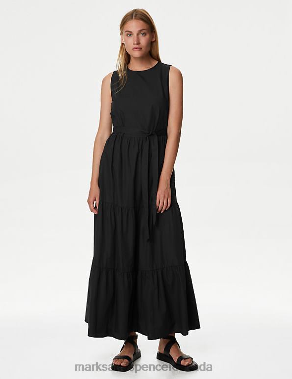 Marks and Spencer Canada - Women Black Clothing Marks & Spencer Pure Cotton Round Neck Midi Tiered Dress 20VTD1252