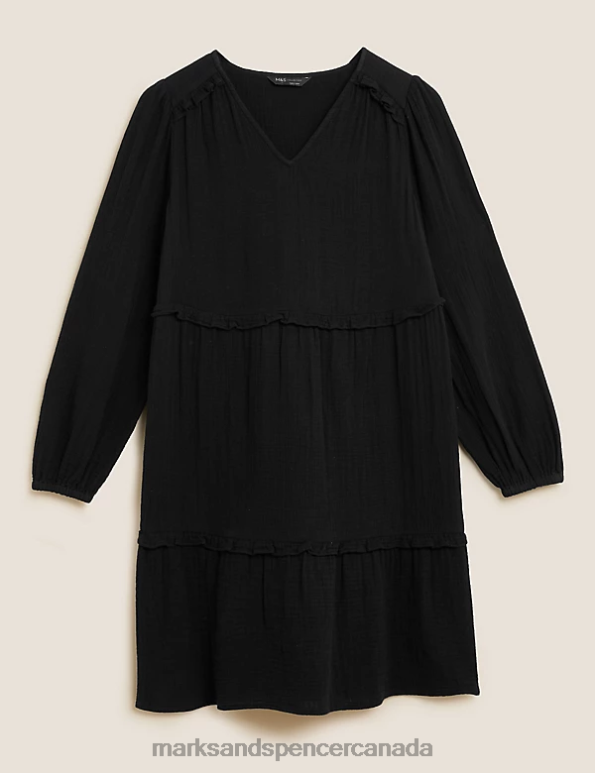 Women Black Clothing Marks & Spencer Pure Cotton Ruffle Mini Tiered Dress 20VTD3180 - Marks and Spencer outlet