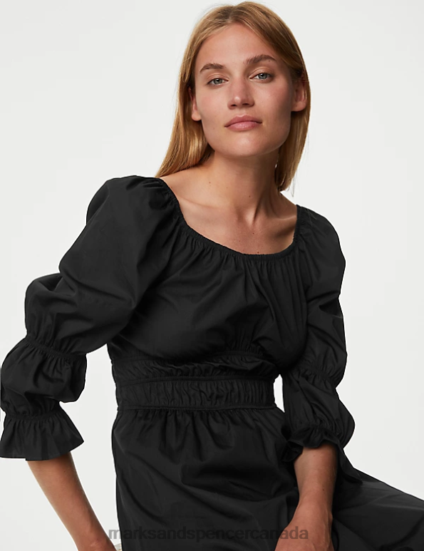 Marks and Spencer near me - Women Black Clothing Marks & Spencer Pure Cotton Square Neck Midi Waisted Dress 20VTD95