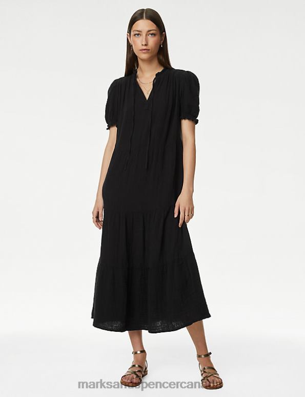 Women Black Clothing Marks & Spencer Pure Cotton Tie Neck Midi Tiered Dress 20VTD1017 - Marks and Spencer Canada locations