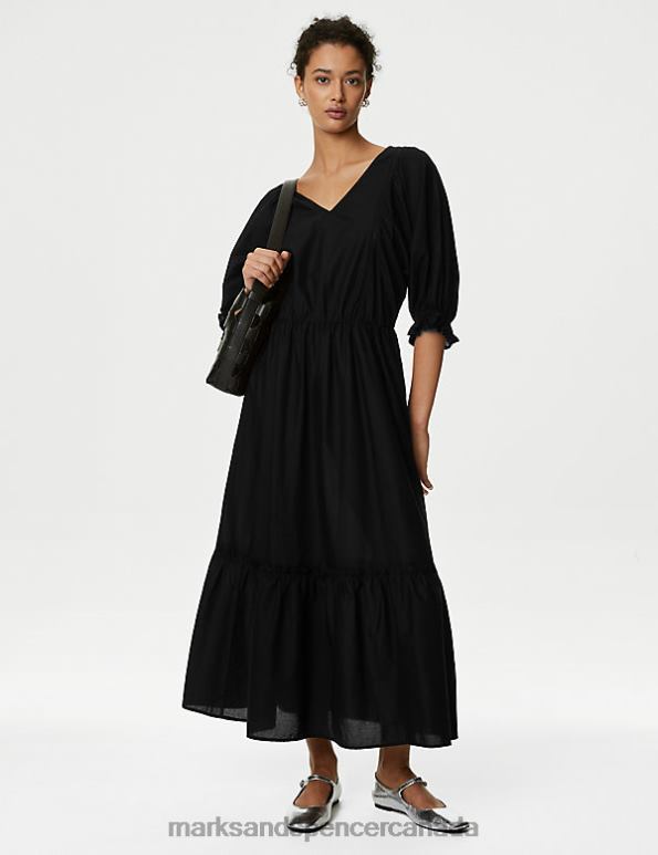 Marks and Spencer near me - Women Black Clothing Marks & Spencer Pure Cotton V-Neck Midi Waisted Dress 20VTD55