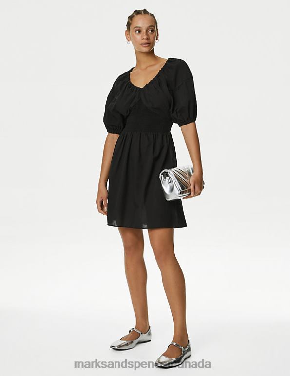 Marks and Spencer Canada - Women Black Clothing Marks & Spencer Pure Cotton V-Neck Mini Waisted Dress 20VTD2366