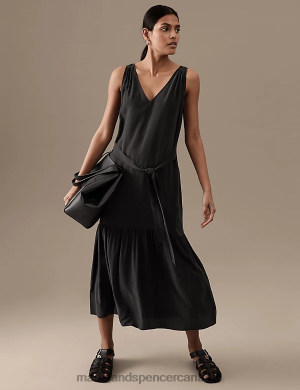 Women Black Clothing Marks & Spencer Pure Silk V-Neck Belted Midaxi Slip Dress 20VTD989 - Marks and Spencer Canada locations