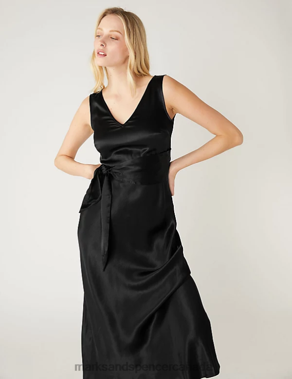 Marks and Spencer sale - Women Black Clothing Marks & Spencer Satin V-Neck Tie Front Midi Waisted Dress 20VTD2639