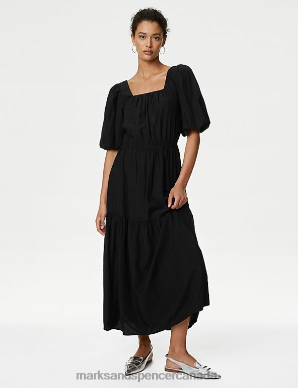 Women Black Clothing Marks & Spencer Textured Square Neck Midi Tiered Dress 20VTD1281 - Marks and Spencer outlet