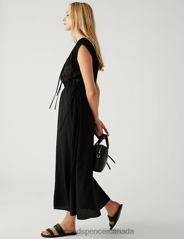 Women Black Clothing Marks & Spencer Tie Neck Midaxi Waisted Dress 20VTD3145 - Marks and Spencer Canada locations