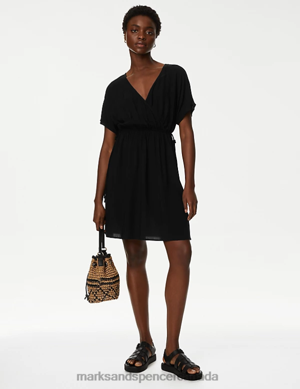 Women Black Clothing Marks & Spencer V-Neck Tie Waist Mini Waisted Dress 20VTD2551 - Marks and Spencer Canada locations