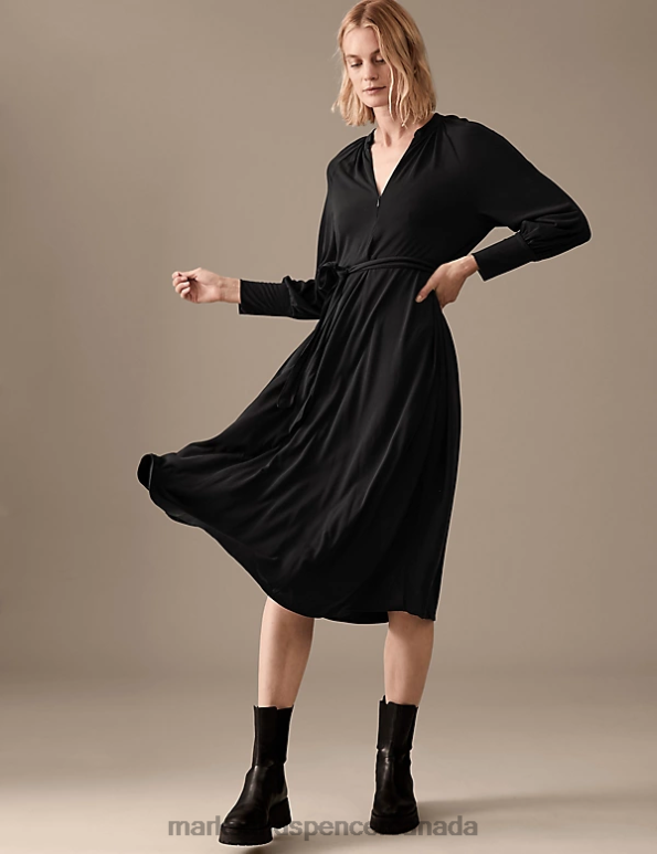 Marks and Spencer near me - Women Black Clothing Marks & Spencer Zip Neck Midaxi Smock Dress 20VTD2888