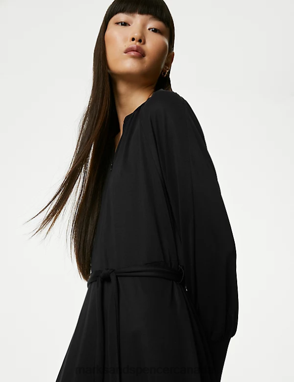 Women Black Clothing Marks & Spencer Zip Neck Tie Waist Midaxi Smock Dress 20VTD467 - Marks and Spencer Canada locations