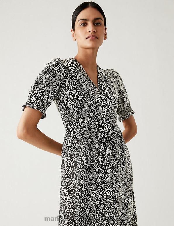 Marks and Spencer Canada - Women Black Mix Clothing Marks & Spencer Cotton Rich Floral Embroidered Midi Tea Dress 20VTD1086