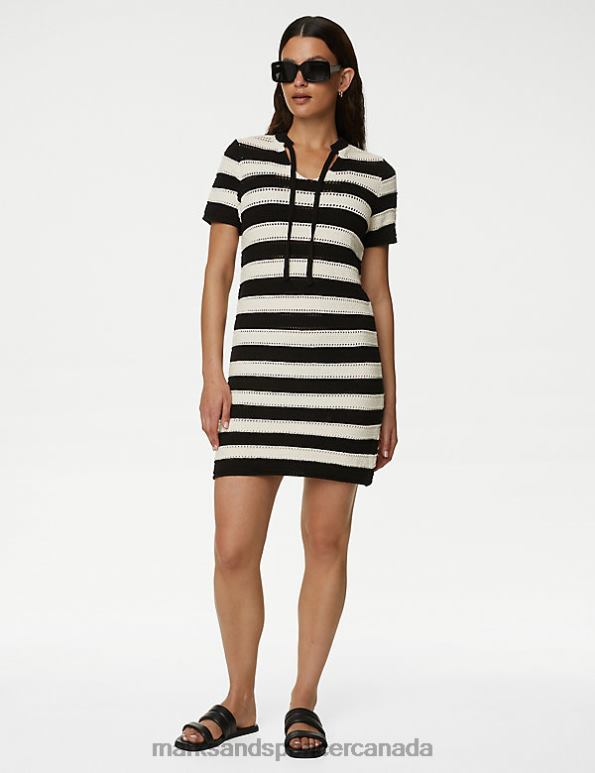 Women Black Mix Clothing Marks & Spencer Cotton Rich Striped V-Neck Knitted Dress 20VTD1633 - Marks and Spencer outlet