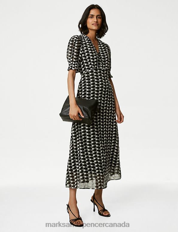 Marks and Spencer sale - Women Black Mix Clothing Marks & Spencer Embroidered V-Neck Midi Tea Dress 20VTD168