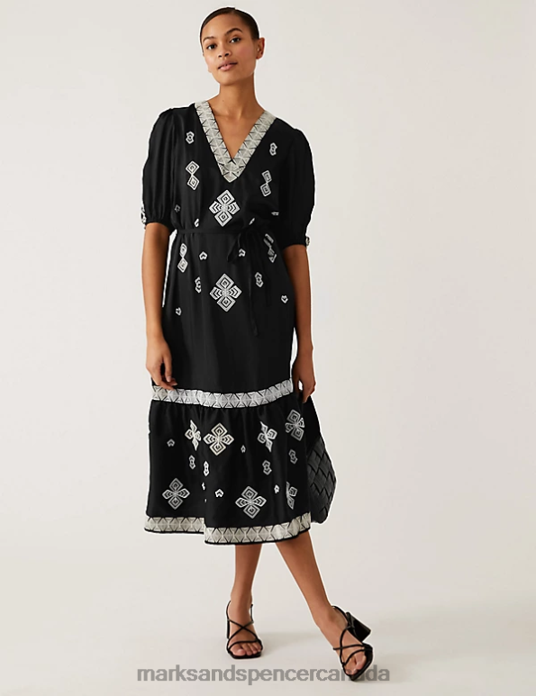 Marks and Spencer sale - Women Black Mix Clothing Marks & Spencer Embroidered V-Neck Midi Tiered Dress 20VTD1882