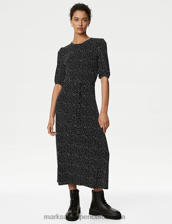 Marks and Spencer sale - Women Black Mix Clothing Marks & Spencer Jersey Printed Belted Midi Tea Dress 20VTD985