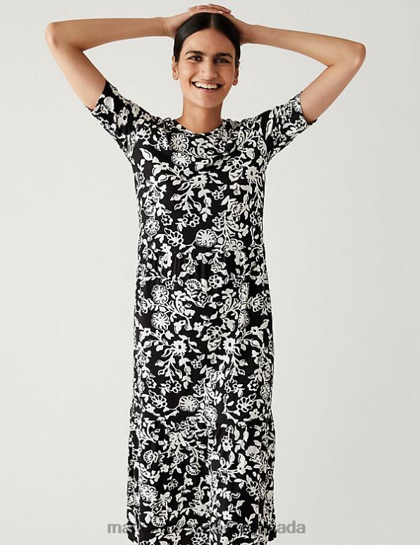 Women Black Mix Clothing Marks & Spencer Jersey Printed Round Neck Midi Tiered Dress 20VTD510 - Marks and Spencer online