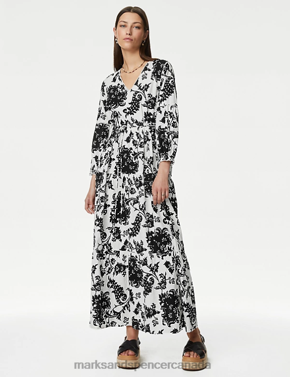 Marks and Spencer near me - Women Black Mix Clothing Marks & Spencer Linen Rich Floral V-Neck Maxi Tiered Dress 20VTD1090