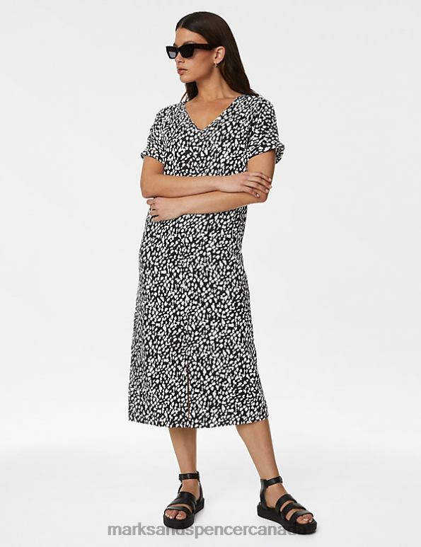 Women Black Mix Clothing Marks & Spencer Linen Rich Printed Midi Dress 20VTD1649 - Marks and Spencer online