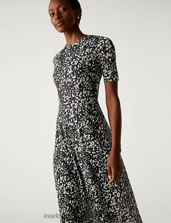 Marks and Spencer sale - Women Black Mix Clothing Marks & Spencer Mesh Jersey Printed Midi Column Dress 20VTD1675