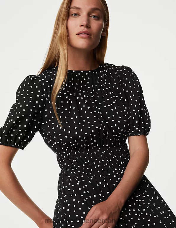 Women Black Mix Clothing Marks & Spencer Polka Dot Textured Mini Smock Dress 20VTD803 - Marks and Spencer outlet