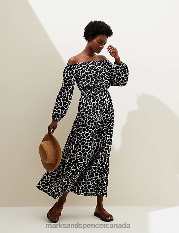 Marks and Spencer Canada - Women Black Mix Clothing Marks & Spencer Printed Bardot Midaxi Dress 20VTD2614