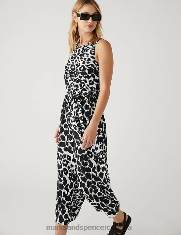 Women Black Mix Clothing Marks & Spencer Printed Belted Cropped Waisted Jumpsuit 20VTD2012 - Marks and Spencer Canada locations