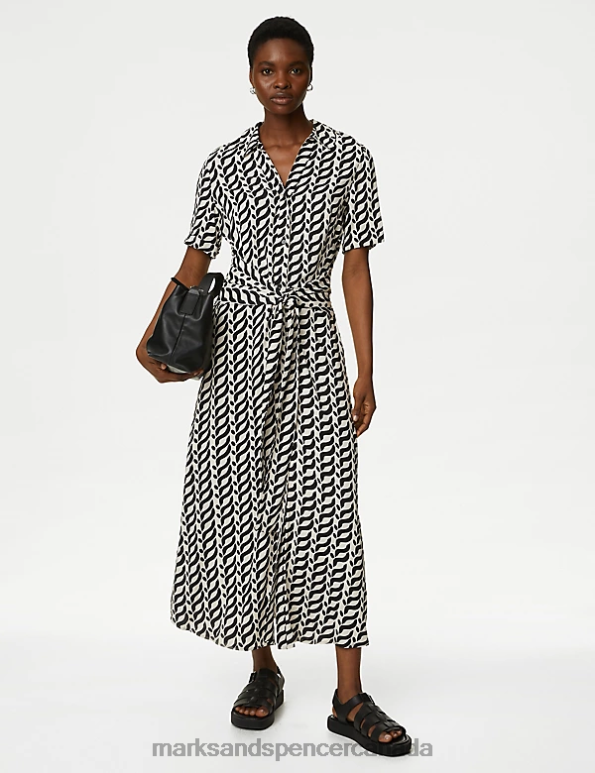 Women Black Mix Clothing Marks & Spencer Printed Collared Belted Midi Shirt Dress 20VTD350 - Marks and Spencer outlet