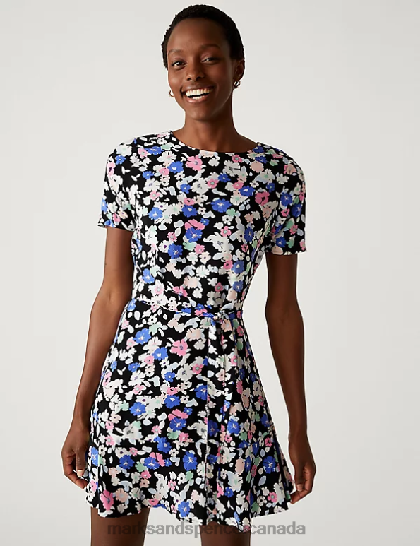 Marks and Spencer Canada - Women Black Mix Clothing Marks & Spencer Printed Round Neck Belted Mini Skater Dress 20VTD983