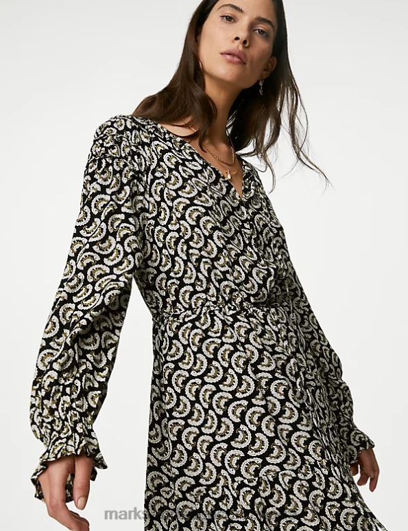 Women Black Mix Clothing Marks & Spencer Printed Shirred Midi Tiered Dress 20VTD71 - Marks and Spencer Canada locations