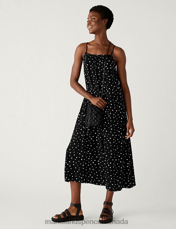 Women Black Mix Clothing Marks & Spencer Printed Square Neck Midi Slip Dress 20VTD2969 - Marks and Spencer outlet