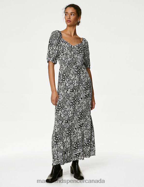 Marks and Spencer Canada - Women Black Mix Clothing Marks & Spencer Printed Sweetheart Neckline Midi Tea Dress 20VTD1637