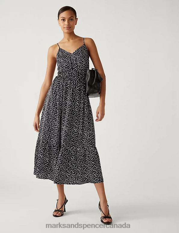 Women Black Mix Clothing Marks & Spencer Printed V-Neck Midaxi Waisted Dress 20VTD2266 - Marks and Spencer Canada locations