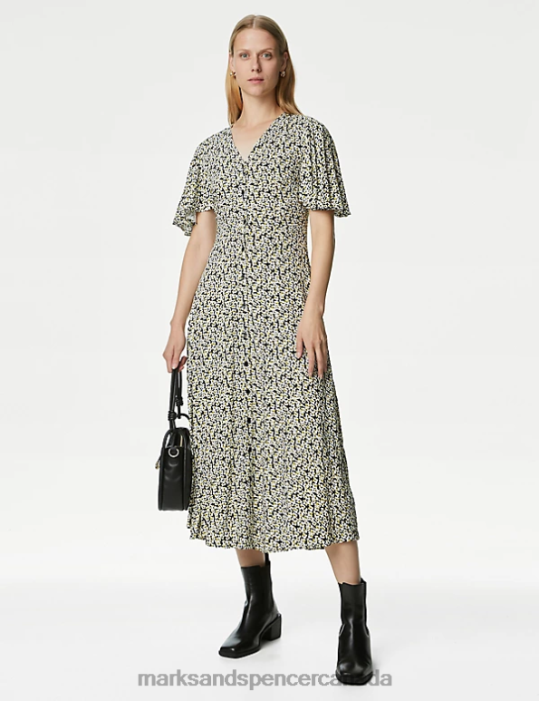 Marks and Spencer near me - Women Black Mix Clothing Marks & Spencer Printed V-Neck Midi Tea Dress 20VTD1421