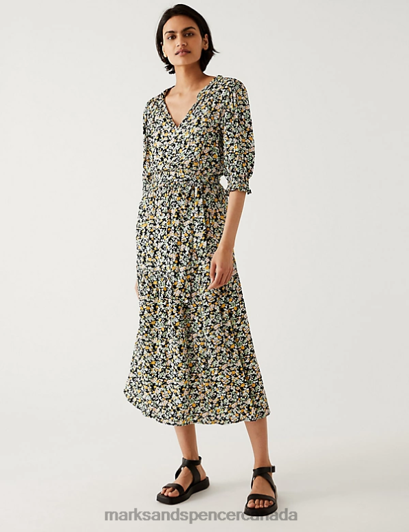 Marks and Spencer near me - Women Black Mix Clothing Marks & Spencer Printed V-Neck Midi Waisted Dress 20VTD1879