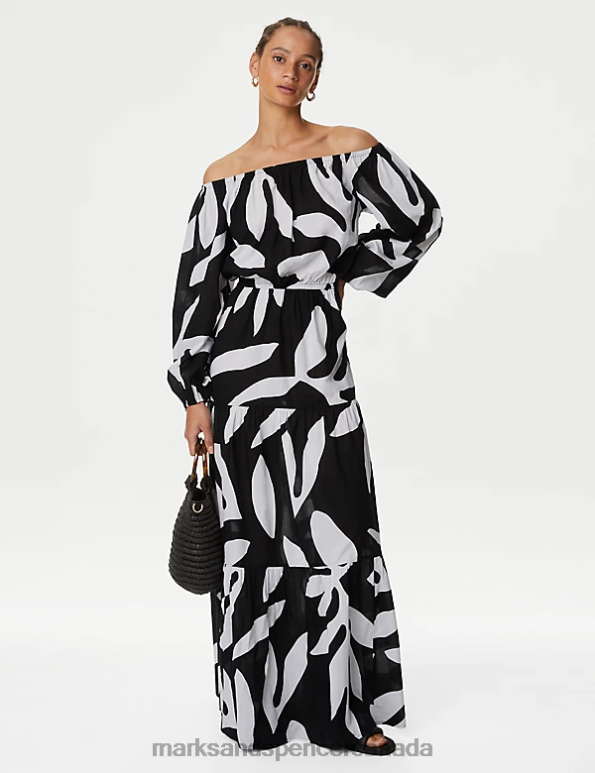 Women Black Mix Clothing Marks & Spencer Pure Cotton Printed Bardot Midaxi Beach Dress 20VTD473 - Marks and Spencer outlet