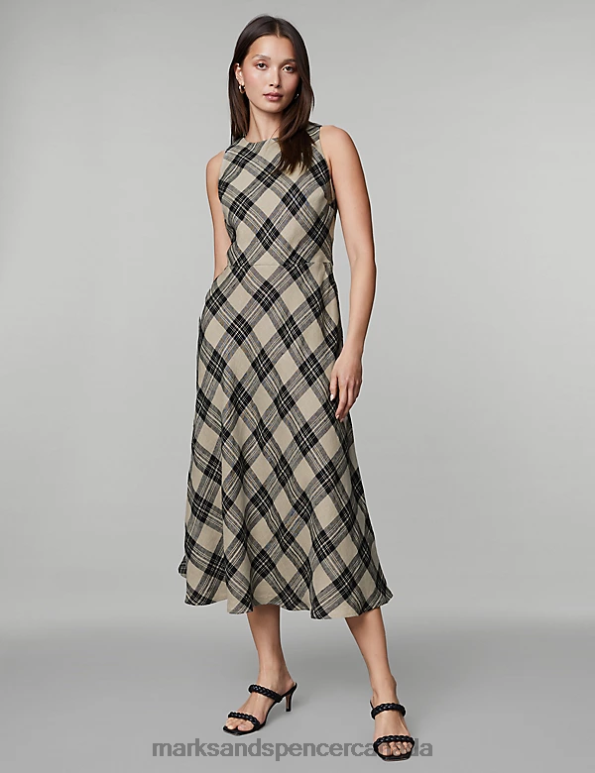 Marks and Spencer Canada - Women Black Mix Clothing Marks & Spencer Pure Linen Checked Midi Skater Dress 20VTD52