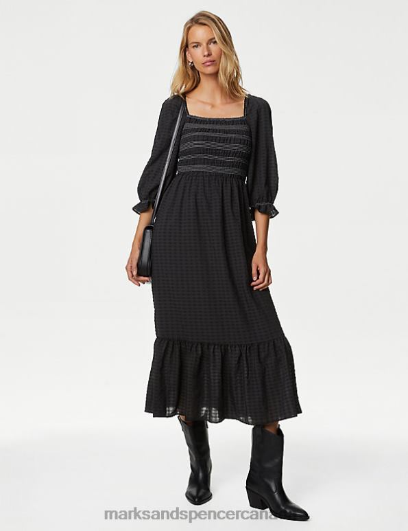 Marks and Spencer Canada - Women Black Mix Clothing Marks & Spencer Textured Square Neck Shirred Midaxi Dress 20VTD3288