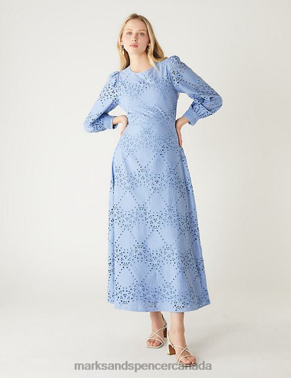 Women Blue Clothing Marks & Spencer Pure Cotton Broderie Midaxi Tea Dress 20VTD731 - Marks and Spencer online