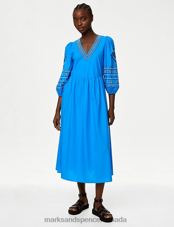 Marks and Spencer sale - Women Blue Clothing Marks & Spencer Pure Cotton Embroidered V-Neck Midi Dress 20VTD98