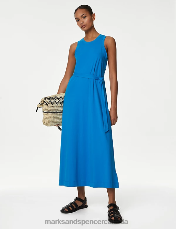 Marks and Spencer sale - Women Blue Clothing Marks & Spencer Pure Cotton Jersey Belted Midi Column Dress 20VTD1948