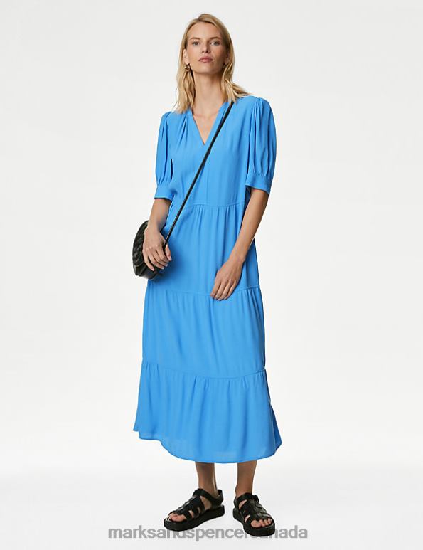 Women Blue Clothing Marks & Spencer V-Neck Midi Relaxed Tiered Dress 20VTD1192 - Marks and Spencer outlet