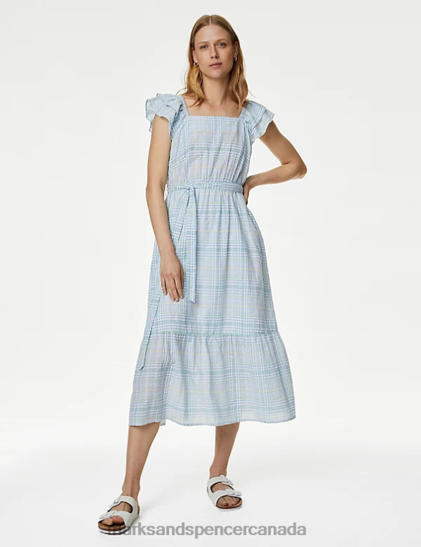 Women Blue Mix Clothing Marks & Spencer Checked Frill Sleeve Tiered Midi Dress 20VTD2455 - Marks and Spencer online