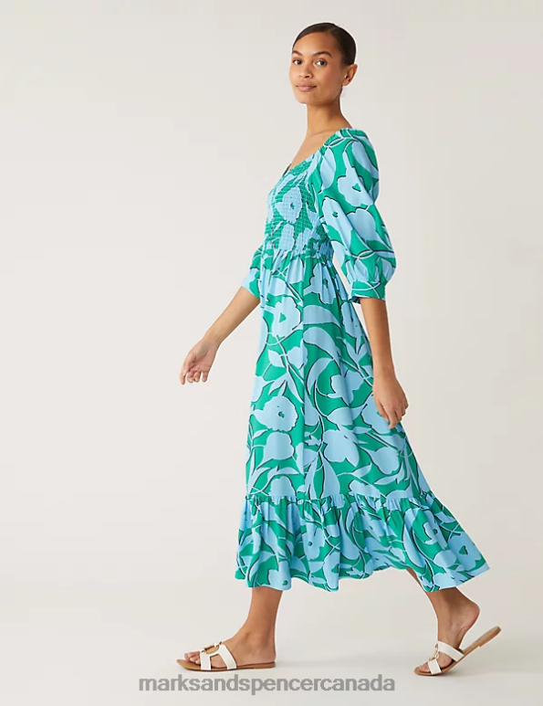 Marks and Spencer Canada - Women Blue Mix Clothing Marks & Spencer Floral Square Neck Midi Smock Dress 20VTD2437