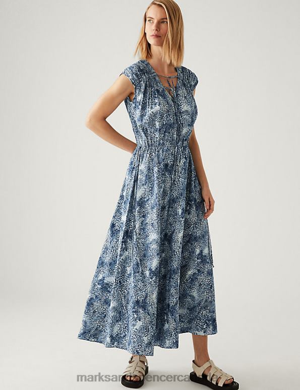 Marks and Spencer near me - Women Blue Mix Clothing Marks & Spencer Floral Tie Neck Midaxi Waisted Dress 20VTD1975