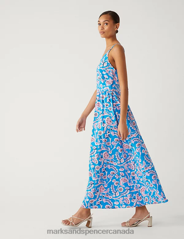 Marks and Spencer sale - Women Blue Mix Clothing Marks & Spencer Floral V-Neck Strappy Midi Waisted Dress 20VTD477