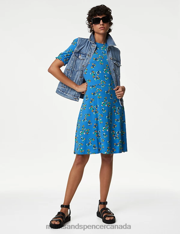 Marks and Spencer sale - Women Blue Mix Clothing Marks & Spencer Jersey Printed Mini Skater Dress 20VTD526