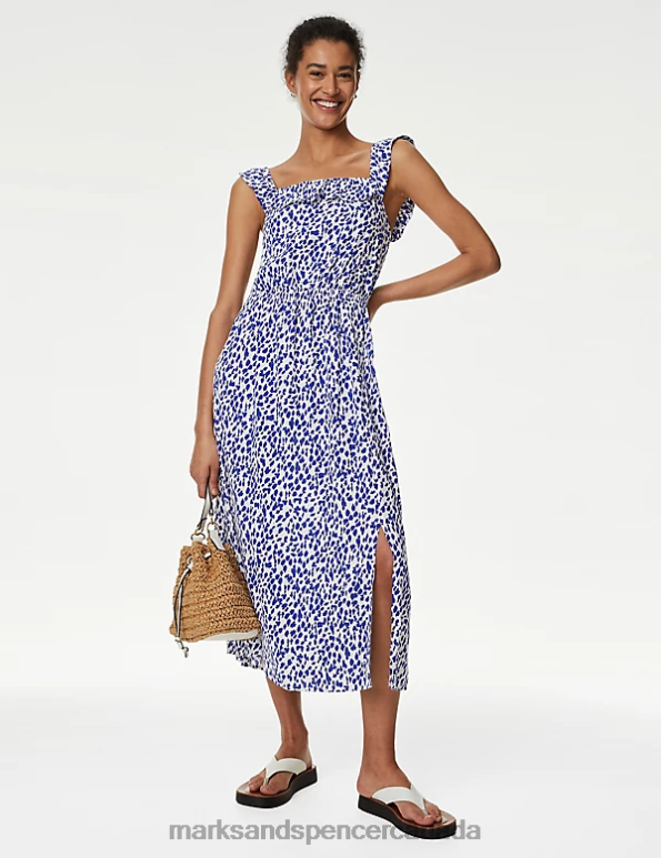 Women Blue Mix Clothing Marks & Spencer Linen Blend Printed Square Neck Midi Dress 20VTD3054 - Marks and Spencer online