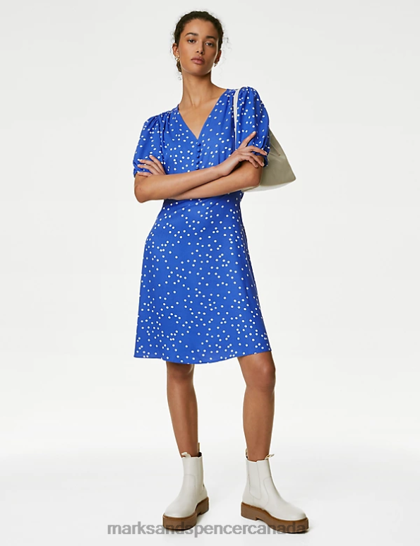 Women Blue Mix Clothing Marks & Spencer Printed Button Detail V-Neck Mini Tea Dress 20VTD272 - Marks and Spencer online