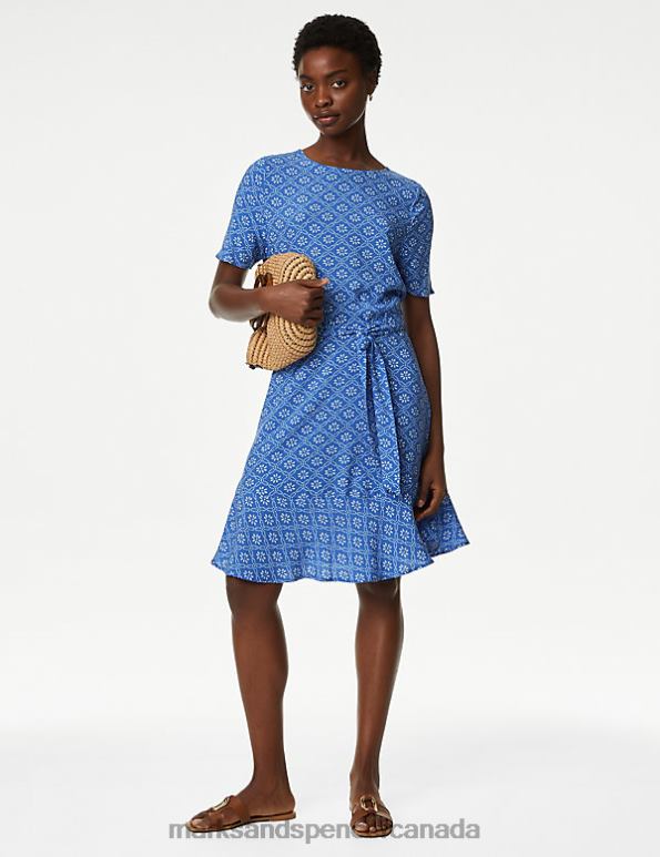 Women Blue Mix Clothing Marks & Spencer Printed Round Neck Belted Mini Skater Dress 20VTD980 - Marks and Spencer online