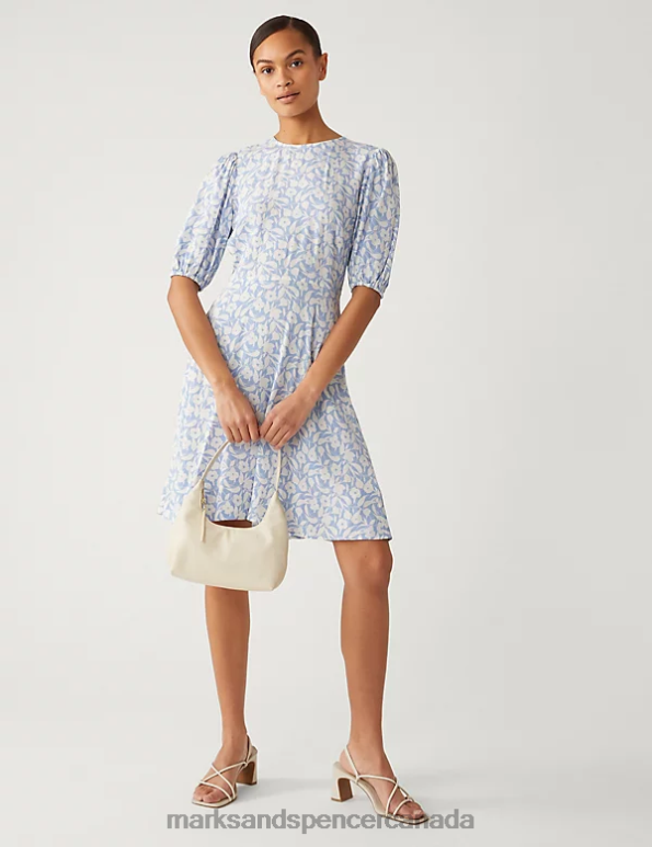 Marks and Spencer sale - Women Blue Mix Clothing Marks & Spencer Printed Round Neck Mini Tea Dress 20VTD838